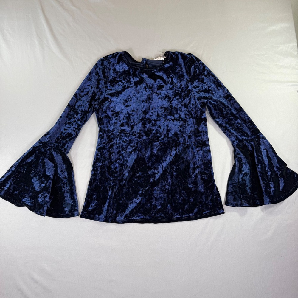 Crushed Velvet Bell Sleeve Shirt Navy Blue XS Y2K Whimsigoth Dark Academia Boho